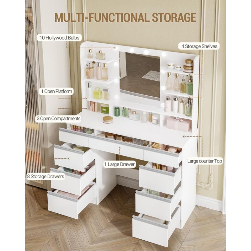 Coiffeuse avec éclairage LED à 3 niveaux, prise électrique et sèche-cheveux-support - 4 tiroirs