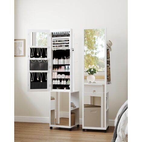 Armoire à bijoux sur pied 175 cm – 8 lumières LED – Miroir en verre – MDF avec doublure en velours noir – Rangement pour 60 boucles d'oreilles