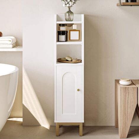 Meuble bas de salle de bain blanc 20 x 20 x 84 cm – MDF haute qualité – 1 porte cintrée – 4 pieds dorés – Kit anti-basculement inclus