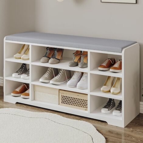 Banc d'entrée blanc 103 cm – Rangement chaussures 9 compartiments – Coussin d'assise 4 cm – Charge max 150 kg