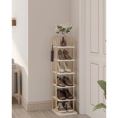 Rangement vertical pour chaussures 6 niveaux – Étagère compacte 26,5 x 30 x 101 cm – Panneau de particules et acier – Avec crochets de rangement