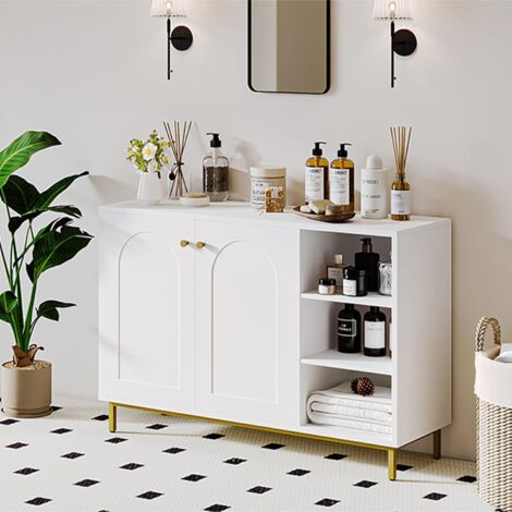 Meuble bas de salle de bain blanc 100x35x75 cm – MDF P2 avec 3 étagères réglables – Armoire fermée à 2 portes – Poignées chromées