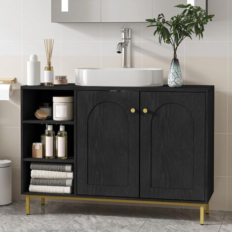 Meuble sous vasque simple noir en MDF P2 – Dimensions 30x90x63 cm – 2 portes et étagère ouverte – Résistant à l'eau et à l'humidité