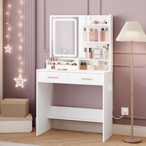 Coiffeuse moderne avec éclairage LED réglable – 2 prises AC et 2 ports USB – 2 tiroirs de rangement – Dimensions 40 x 80 x 140 cm
