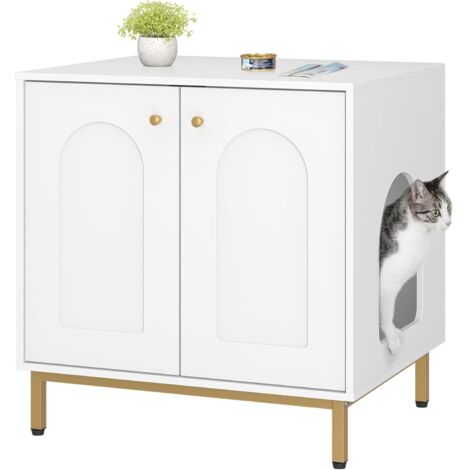 Maison de toilette pour chat – Bac à litière avec entrée latérale interchangeable – Dimensions 50 x 60 x 61 cm – Panneaux de particules et acier – Blanc et or