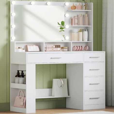 108 cm Coiffeuse avec Grand Miroir HD, Coiffeuse avec Éclairage LED, 6 Compartiments Ouverts, 5 Tiroirs Et Rangement Latéral Ouvert, Dressing de Chambre, Simple, Blanc