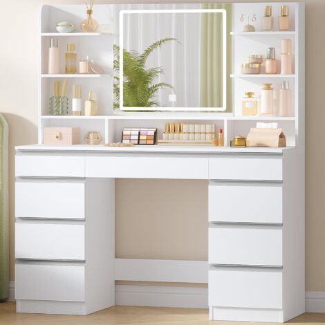 Coiffeuse blanche avec éclairage LED – 10 lumières réglables – Grand miroir HD – 9 compartiments de rangement – Dimensions 107x40x140cm