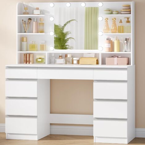 Coiffeuse avec éclairage LED 10 lumières – Miroir HD – 9 tiroirs – Design élégant blanc veiné bois – Dimensions 108x40x140 cm