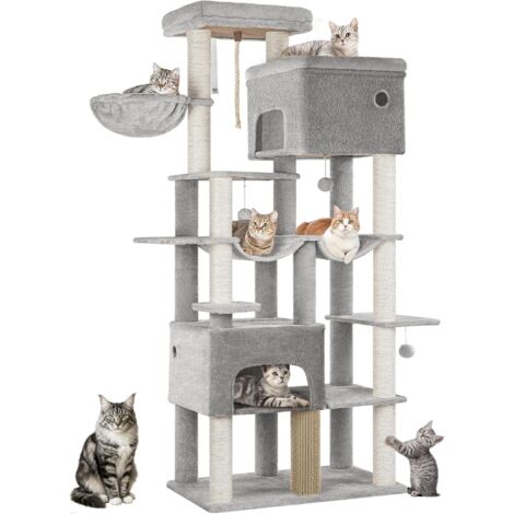 Arbre à chat 200 cm – 10 griffoirs sisal – 2 plateformes panoramiques – Base renforcée pour stabilité – Tissu pelucheux facile d'entretien