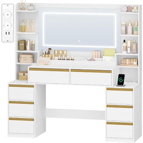 Coiffeuse avec Miroir, LED, Courant,Support pour Sèche-Cheveux