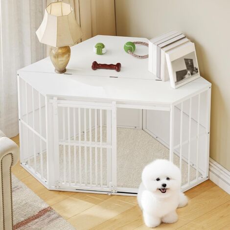 Cage d'angle pour Chien, Meuble pour Cages, Niche Interieur à Chien Avec Coussins et Portes Coulissantes, Caisse avec Plateau Rabattable pour Moyen et Petit