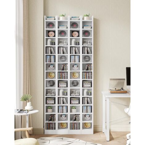 Étagère bibliothèque 14 niveaux – Rangement pour 272 CD/DVD – Étagères réglables – Structure stable en panneaux de particules – Blanc
