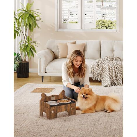 Gamelle Surélevée pour Chien, Comprenant Deux Gamelles en Acier Inoxydable avec Un Design Anti-éclaboussures, Adaptée aux Chiens de Petite et Moyenne Taille, Marron Vintage et Noir