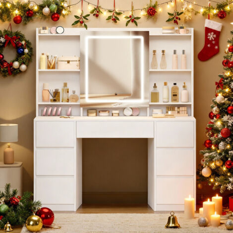 Grande Coiffeuse avec Miroir et éclairage LED Réglable, 7 Tiroirs et Rangement pour Bijoux. Idéale pour Les Dressings et Les Chambres Blanc