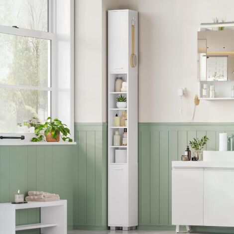 Meuble Colonne Salle de Bain, Armoire de Rangement Étroite avec 2 portes, 2 boîtes de rangement, Compartiments Ouverts, Étagères Réglables, Petits Espaces