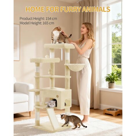 Arbre à Chat de 153 cm, Spacieux et Stable, avec 6 Griffoir, 1 Grande Niche pour Chat, 3 Grandes Plateformes, Panier Confortable, Balle en Peluche, Planche à Gratter, Beige