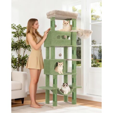 170 cm Grand Arbre à Chat, Tour à Chat pour Chats D'intérieur, avec Grand Perchoir, Tapis Lavable, 2 Niches Chats, 8 Griffoirs, Hamac, Pompons, Vert Brun