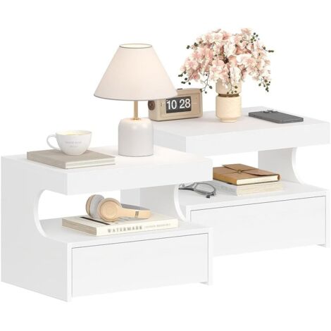 Table de chevet suspendue lot de 2 – 1 tiroir coulissant – Étagère murale ouverte – Style moderne blanc – Gain de place pour chambre ou salon