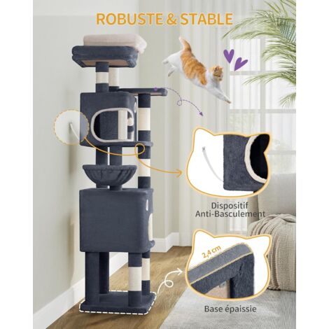 Arbre à chat 180 cm – 3 plateformes, 2 grottes, 8 griffoirs – Panier en peluche, pompons – Pour chats de toutes tailles – Gris foncé
