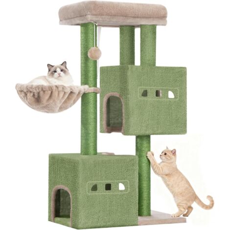 Arbre à Chat,Tour de Jeux 98 cm, Meubles de Maison pour Chats avec 2 Niches, Grande Plate-Forme, Sisal Griffoir, Hamac, Vert Brun