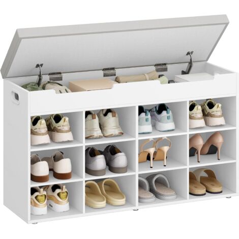 Banc à chaussures blanc avec coussin – Étagère à chaussures 12 compartiments – Rangement supérieur ajustable – Dimensions 30 x 100 x 55 cm