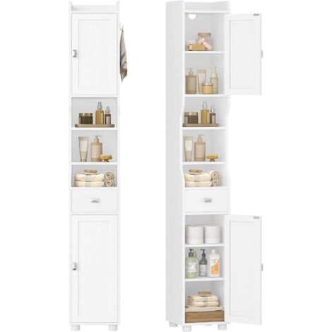 Meuble de Salle de Bain Étroit, Meuble de Rangement Haute avec 2 Portes et 1 Tiroir, Étagère Réglable, Compartiment Ouvert, pour Salle de Bain, Salon, Cuisine Moderne