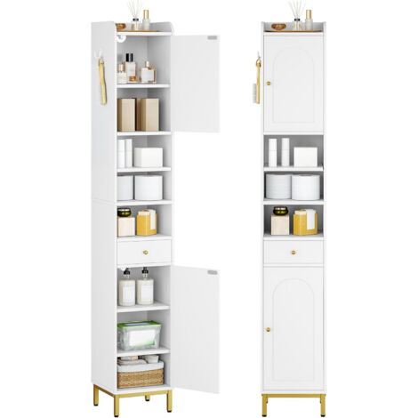 Meuble Colonne de Salle de Bain, Meuble de Rangement, Armoire Etroit avec Etagères Réglables, 1 Tiroir et 2 Portes, Armoire Haut pour Salon, Chambre, Bureau
