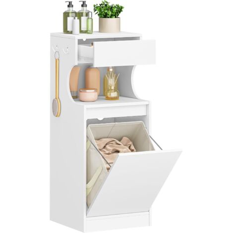 Meuble bas de salle de bain blanc avec panier à linge – 1 tiroir – Panneau de particules – Dimensions 40x40x100 cm