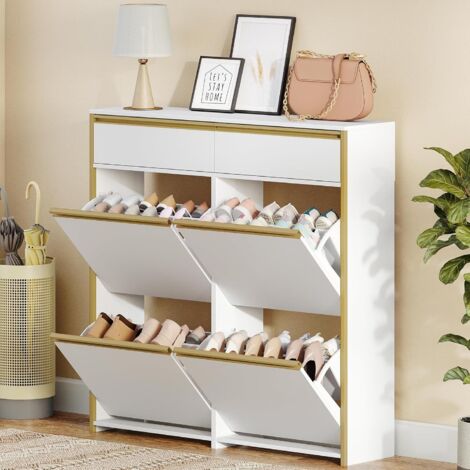 Meuble à Chaussures Étroit avec 4 Battants, Étagère à Chaussures avec Tiroir, Meuble à Chaussure, Séparateur Réglables, 16 à 24 Paires, pour Couloir, Entrée, Blanc-Or