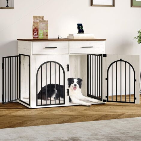 Cage pour chien d'intérieur 100 cm – Meuble avec 2 tiroirs de rangement et station de charge – Caisse en bois pour chiens moyens/grands – Blanc et marron