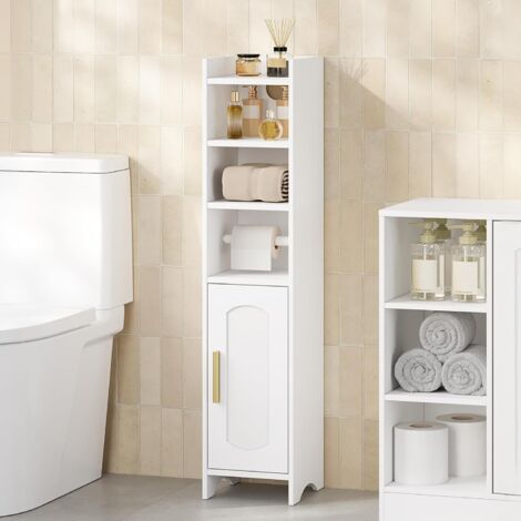 Meuble de Salle de Bain, Support Papier Toilette, Meuble de Rangement avec Porte, Armoire de Salle de Bain Étroite, Armoire d’Angle avec Etagères Réglables, Moderne, Blanc