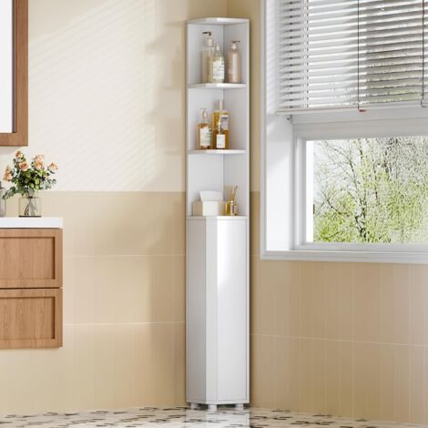 Meuble de Salle de Bain, Armoire de Salle de Bain d'angle, Armoire de Toilette avec Étagères Réglables, 2 Portes latérales, Meuble Colonne sur Pied