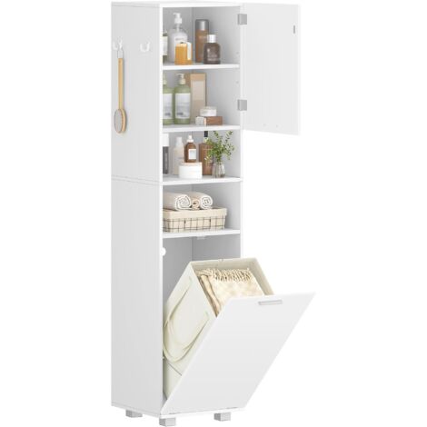 Meuble de Salle de Bain avec Panier à Linge Amovible, Armoire Haute étroite, Placard de Rangement Haut avec Panier à Linge, Étagères Réglables