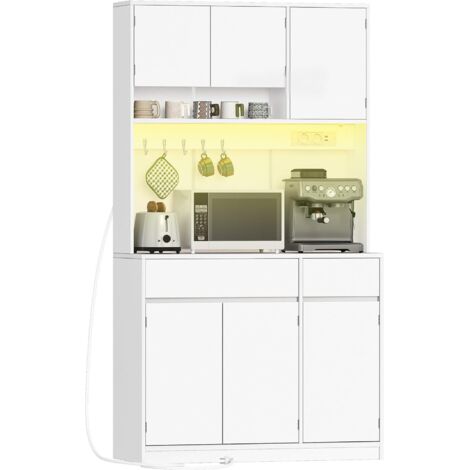 Armoires Cuisine, Buffet, Haut Vaisselier avec Prises Électriques, avec Plans de Travail et Deux Tiroirs, Étagères Réglables, Cuisine, Salon, Blanc