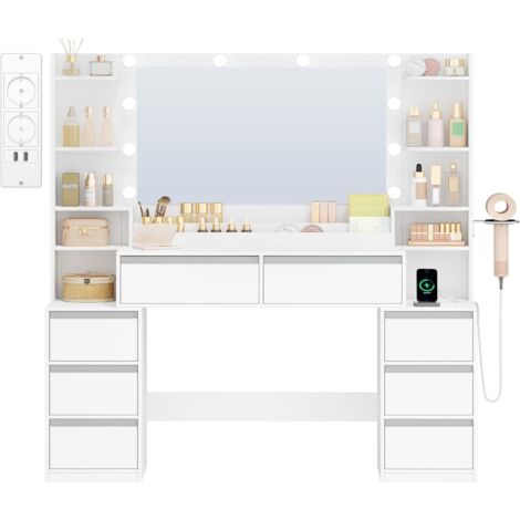 135cm Coiffeuse avec Miroir, Table de Maquillage avec 3 Lumières LED à Luminosité Réglable, Prises de Courant, Support pour Sèche-Cheveux, 8 Tiroirs et Étagères Ouvertes, Blanc-Argent