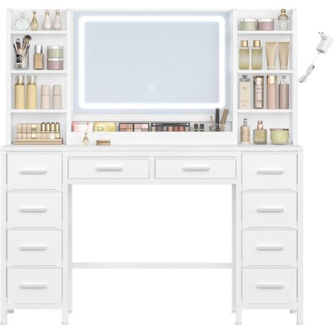 Coiffeuse avec Miroir, Table de Maquillage avec Éclairage LED, Luminosité Réglable, 3 Couleurs, 10 Tiroirs, 8 Compartiments de Rangement Ouverts, Blanc