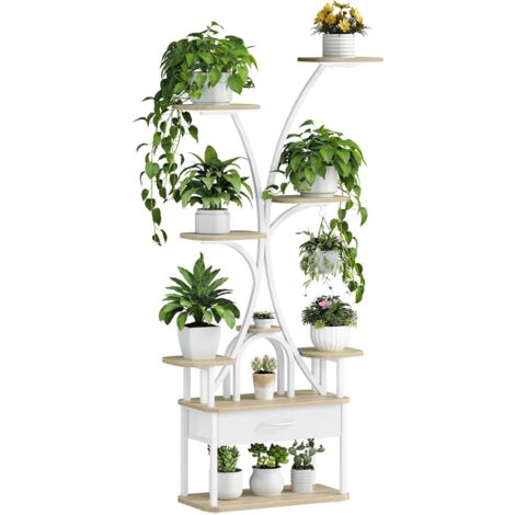 Support Plantes avec Lumière de Croissance, Support de Fleurs à 9 Niveaux avec 4 Lampes LED R-G, Couleur et Timing Réglables, pour Salon, Balcon, Jardin, Blanc
