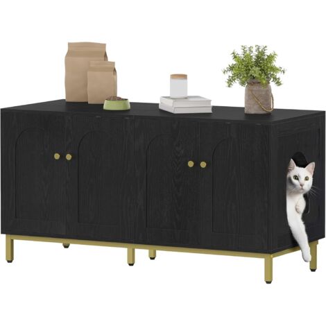 Maison de Toilette Chat pour 2 Chats, Meuble de Litière Caché de 119cm, Banc de Rangement, Convient à la Plupart des Litières por, Noir et Or