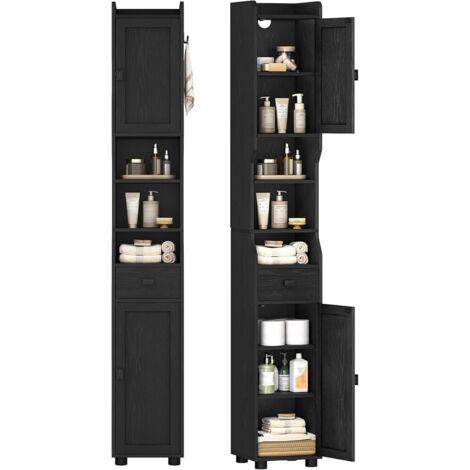 Armoire de Salle de Bain Étroit, Meuble de Rangement Haute avec 2 Portes et 1 Tiroir, Étagère Réglable, Compartiment Ouvert, pour Salle de Bain, Salon, Cuisine Moderne, Noir