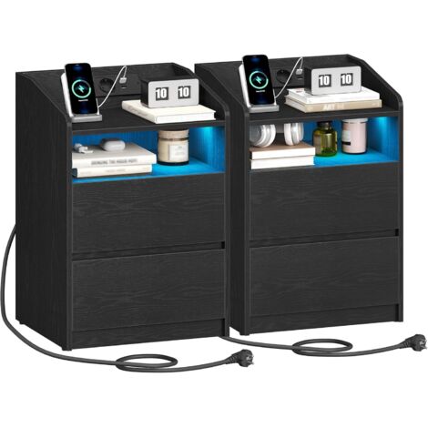 Table de Chevet Lot de 2, Tables d’Appoint, 2 Port USB-A, 2 Port USB-C, Table de Nuit avec 2 Tiroirs, Éclairage LED, Compartiment Ouvert, Chambre, Salon, Noir (1/5)