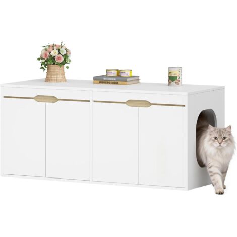 Meuble Litiere Chat pour 2 Chats, 120cm Maison de Toilette Chat avec Entrée Latérale, Doubles Portes, pour Cacher la Plupart des Bacs à Litière pour Chats, pour Chat, Chêne Blanc et Blanc