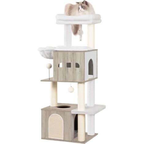 Arbre a Chat, Arbre a Chat Bois, Grande Plateforme, 2 Niches, 4 Griffoirs, Hamac, 3 Pompons, Lvoire Clair