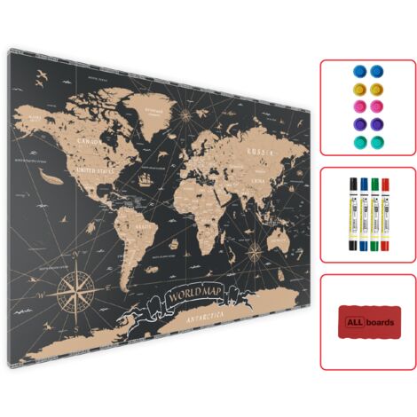 Allboards – Tableau magnétique en métal carte du monde noir vintage 90x60 cm – Acier léger – Fixation facile au mur – Compatible avec tous types d'aimants