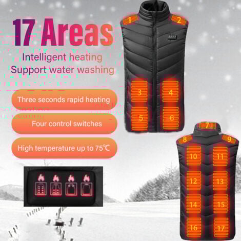 Gilet chauffant électrique 17 zones, température constante intelligente, 4 interrupteurs, 3 vitesses, gilet chauffant Intelligent,noir L