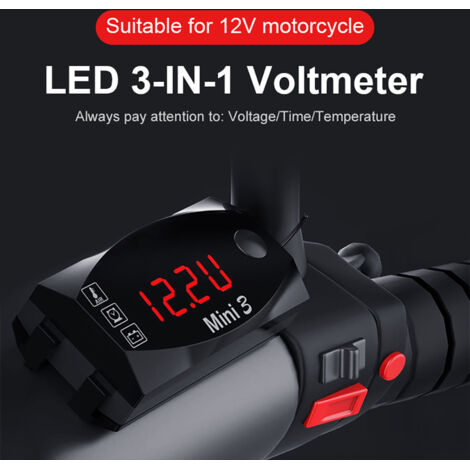 Zoternen Compteur de moto 3 en 1, horloge numérique à LED, thermomètre, voltmètre, tension, moniteur de batterie étanche, jauge 6-30 V, pour voiture, bateau