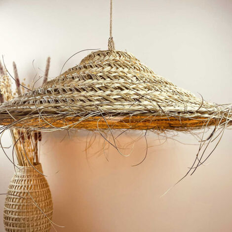 Abat-jour en paille naturelle tressée pour lampe parasol – Diamètre 80-90 cm avec franges – Hauteur 20-25 cm – Ambiance ethnique chic