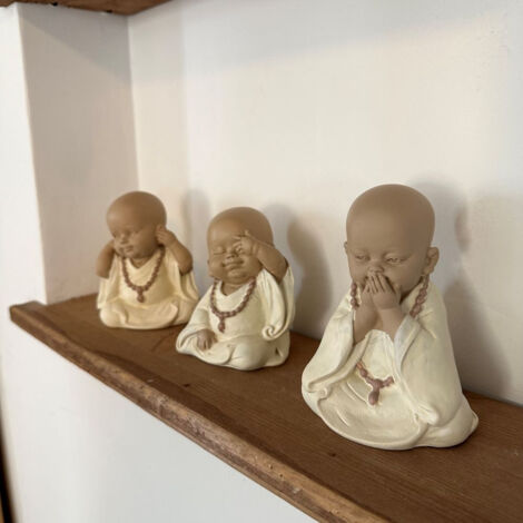 Lot De 3 Statuettes Bouddha Jardin - Petits Moines Feng Shui 17 Cm En Polyrésine, Intérieur & Extérieur
