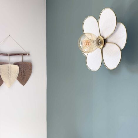 Applique murale coton blanc et métal doré 32cm – Design poétique pour salon et chambre – Culot E27 – Interrupteur intégré – Opjet