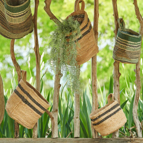 Panier ou cache pot en jute et coton à suspendre naturel et noir (1/5)