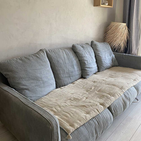 Homemaison – Edredon réversible en lin naturel et coton blanc 75 x 200 cm – Élégance bohème pour intérieur – Tirages et pompons décoratifs